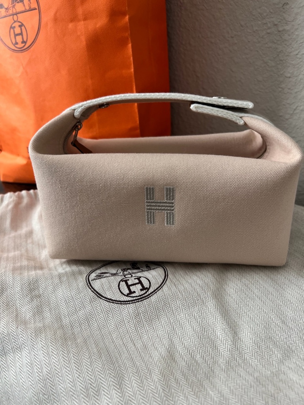 Hermes Beige Canvas Cosmetic Pouch with Silver 'H'